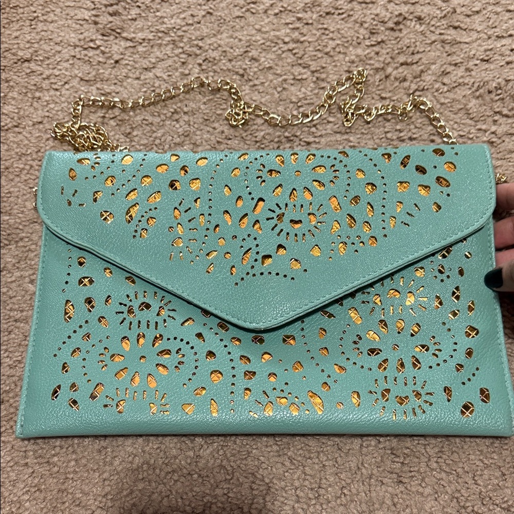 Elegant Laser-Cut Envelope Crossbody Bag in Mint